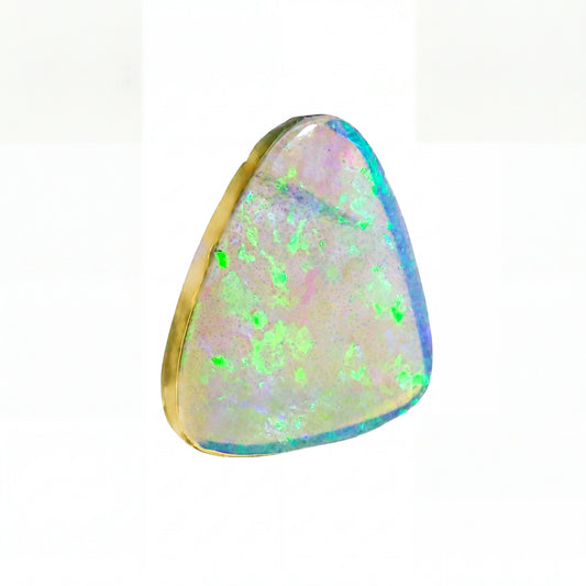 A triangular opal gemstone with a vibrant play-of-colour pattern featuring deep blue, green, and black, set against a plain white background.