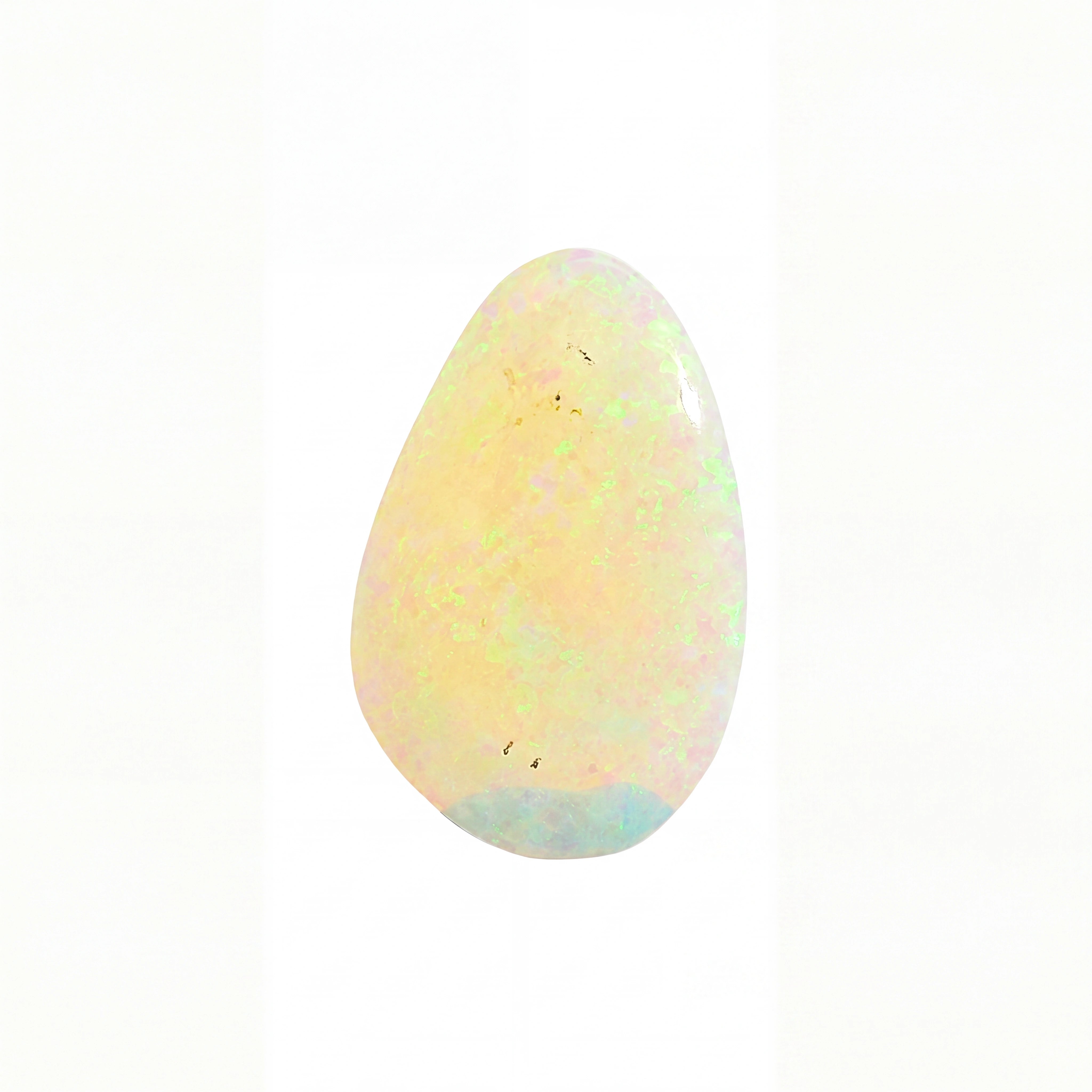 A teardrop-shaped opal gemstone with a soft pearlescent body, displaying pastel iridescence in pale yellow, cream, and hints of green and blue, set against a plain white background.