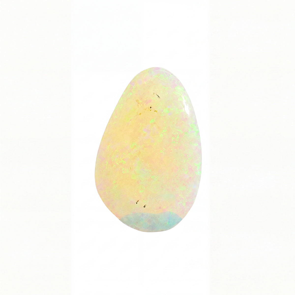 A teardrop-shaped opal gemstone with a soft pearlescent body, displaying pastel iridescence in pale yellow, cream, and hints of green and blue, set against a plain white background.