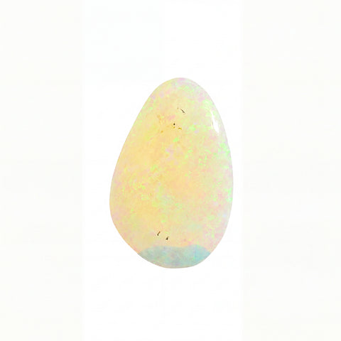 A teardrop-shaped opal gemstone with a soft pearlescent body, displaying pastel iridescence in pale yellow, cream, and hints of green and blue, set against a plain white background.