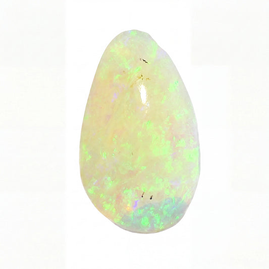 A teardrop-shaped white opal gemstone with vibrant green and blue flashes, displayed on a clean white background.