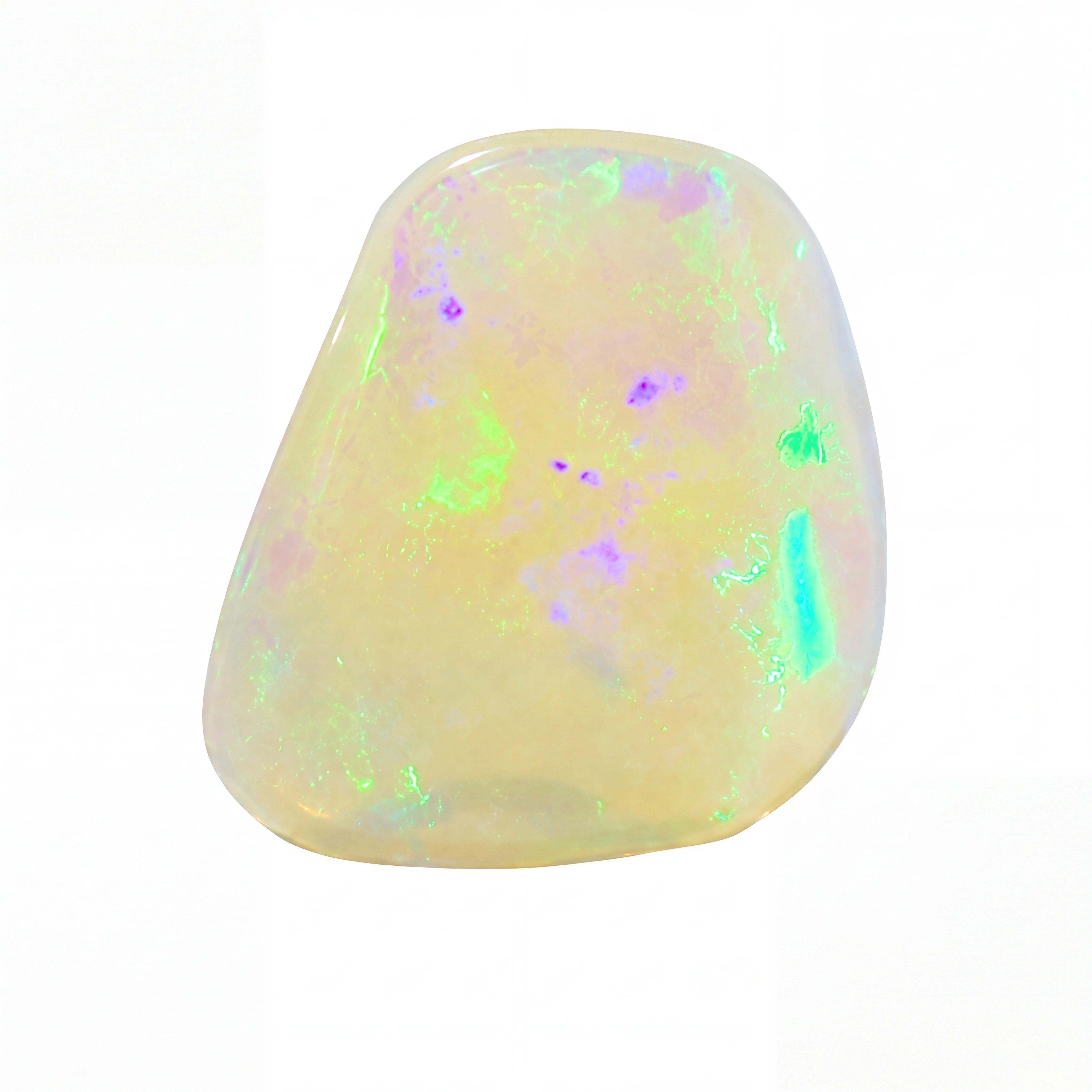 A polished tumbled opal gemstone with a creamy off-white base and vibrant iridescent flashes of green, blue, and purple, set against a solid white background.
