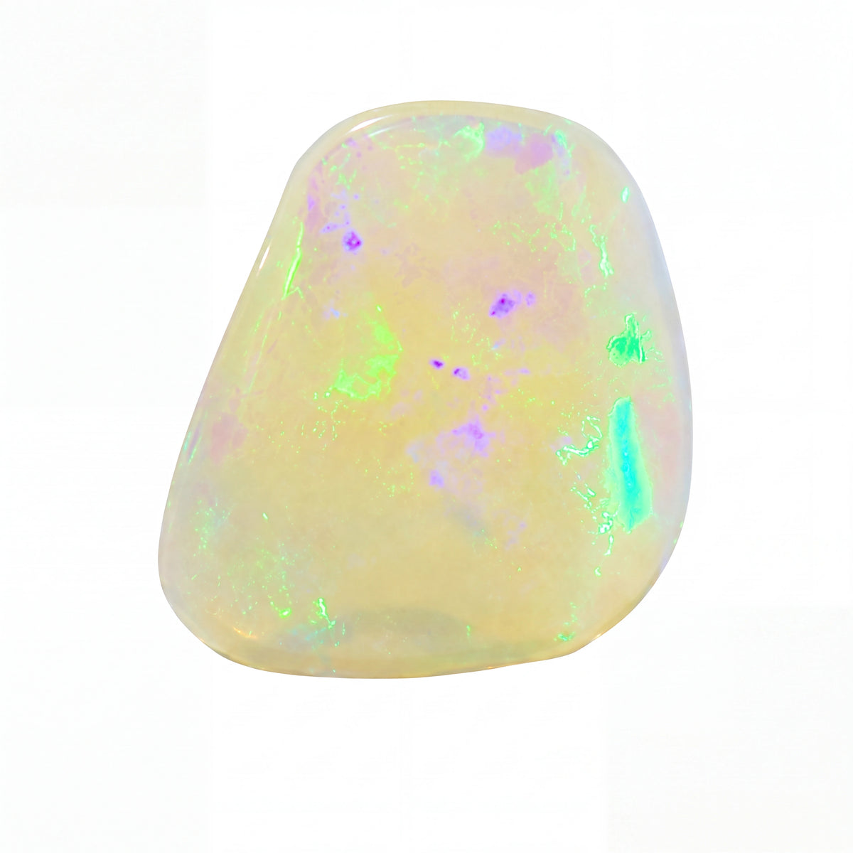 A polished tumbled opal gemstone with a creamy off-white base and vibrant iridescent flashes of green, blue, and purple, set against a solid white background.