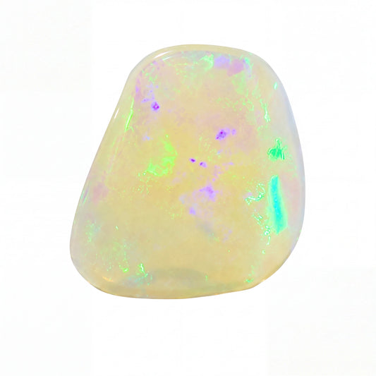 A polished tumbled opal gemstone with a creamy off-white base and vibrant iridescent flashes of green, blue, and purple, set against a solid white background.