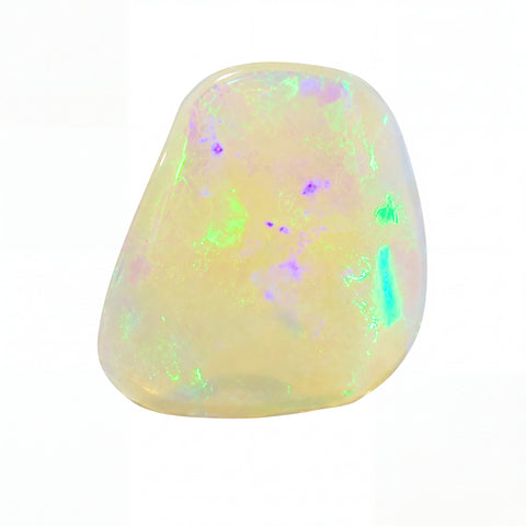 A polished tumbled opal gemstone with a creamy off-white base and vibrant iridescent flashes of green, blue, and purple, set against a solid white background.