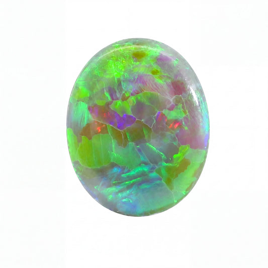 A polished oval cabochon gemstone displaying vibrant iridescent colors including green, blue, purple, and hints of orange, set against a plain white background.