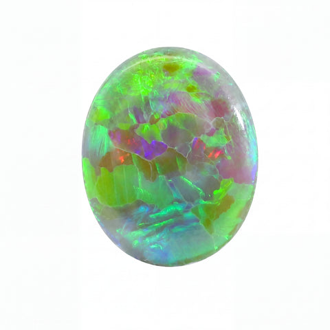 A polished oval opal gemstone displaying vibrant iridescent colors including green, blue, purple, and hints of orange, set against a plain white background.
