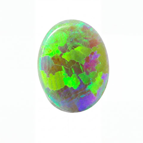 A polished oval opal gemstone displaying vibrant iridescent flashes of neon green, purple, pink, and gold on a solid white background.