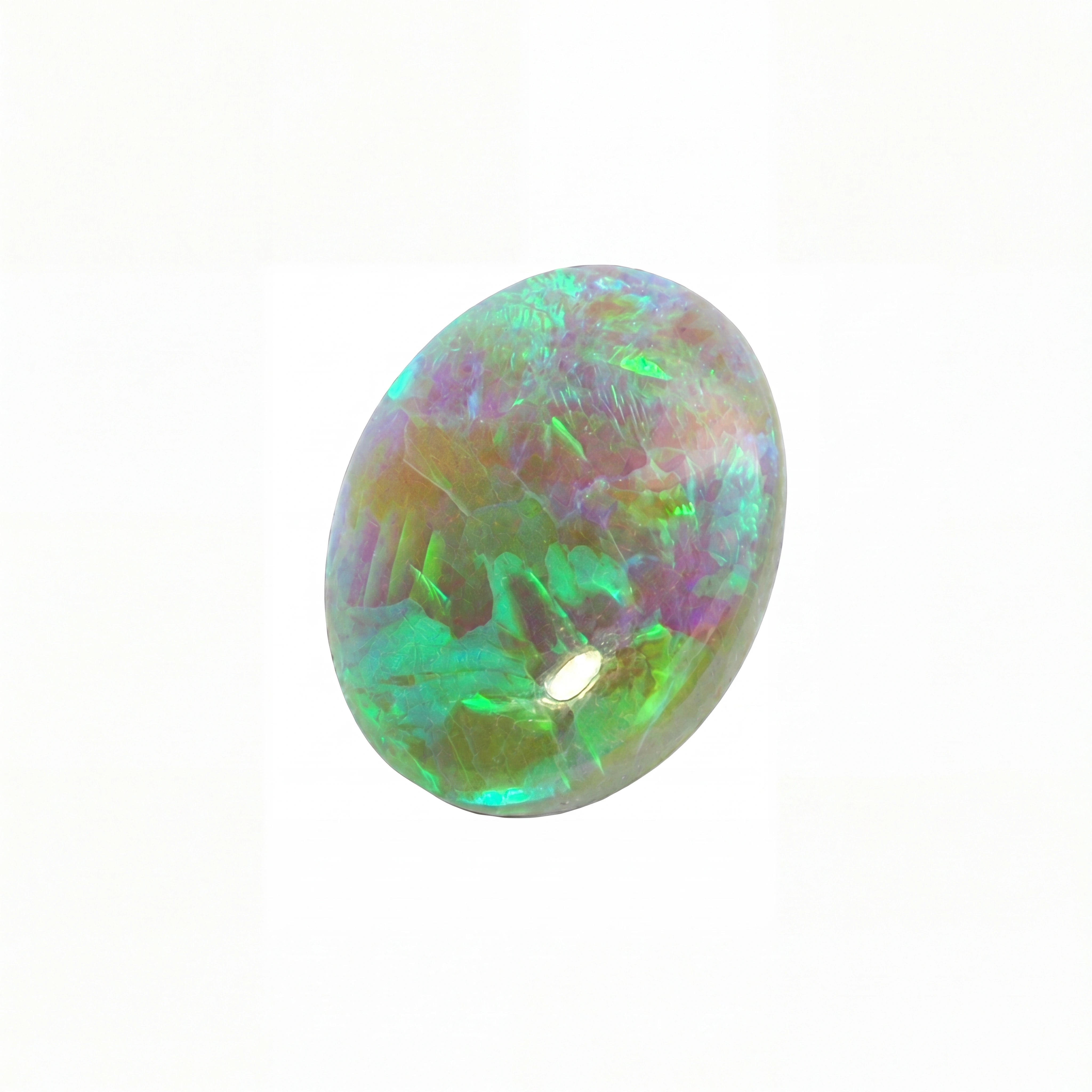 A single oval opal gemstone displaying vibrant iridescent flashes of green, blue, purple, and orange on a solid white background.