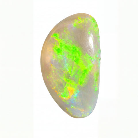 A polished opal gemstone with vibrant green, orange, and blue flashes on a pale greyish-white base, isolated on a white background.