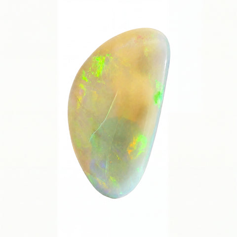 A polished teardrop-shaped opal gemstone displaying a mix of cream, pale green, and iridescent flashes of colour, set against a plain white background.
