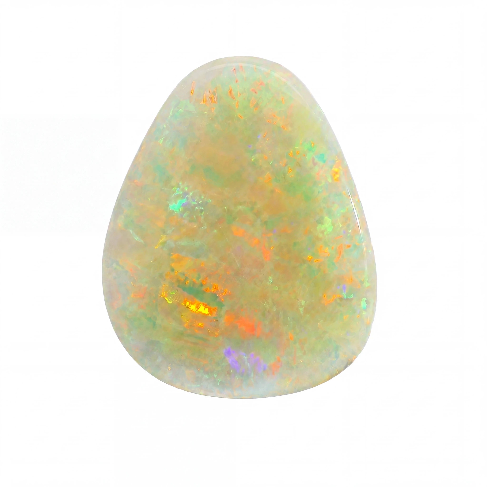 Opal stone with multicoloured iridescent patterns on a white background