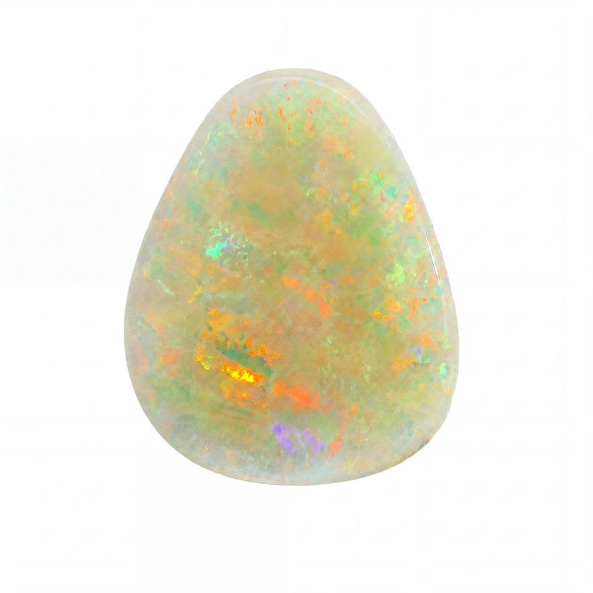 Opal stone with multicoloured iridescent patterns on a white background