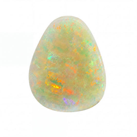 Opal stone with multicoloured iridescent patterns on a white background