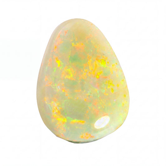 Opal stone with multicoloured play of light on a white background