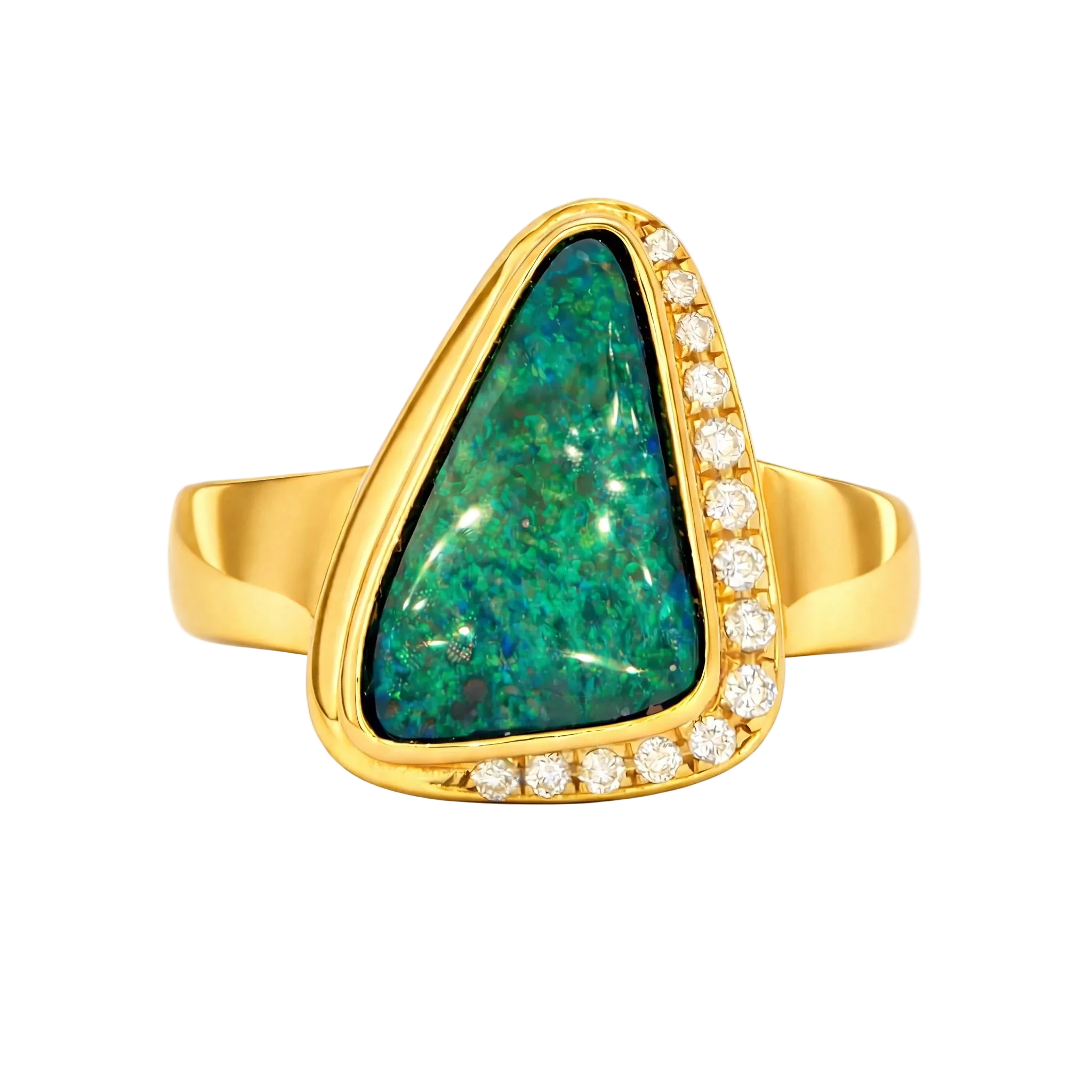 Boulder Opal Ring set in 14K Yellow Gold - Green and Blue - Australian Opal Cutters and Pearl Divers