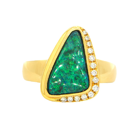 Boulder Opal Ring set in 14K Yellow Gold - Green and Blue