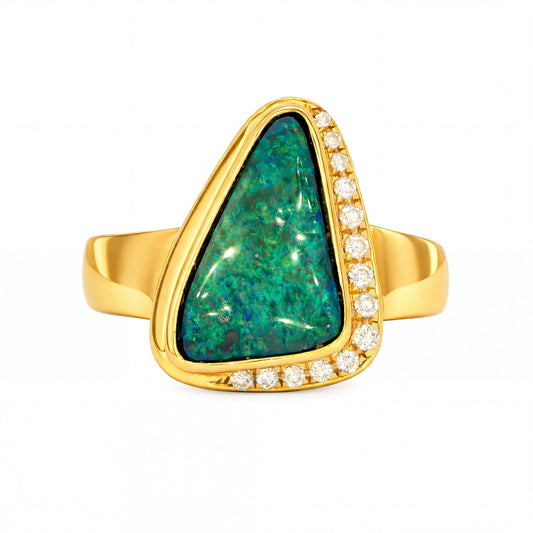 Boulder Opal Ring set in 14K Yellow Gold - Green and Blue - Australian Opal Cutters and Pearl Divers