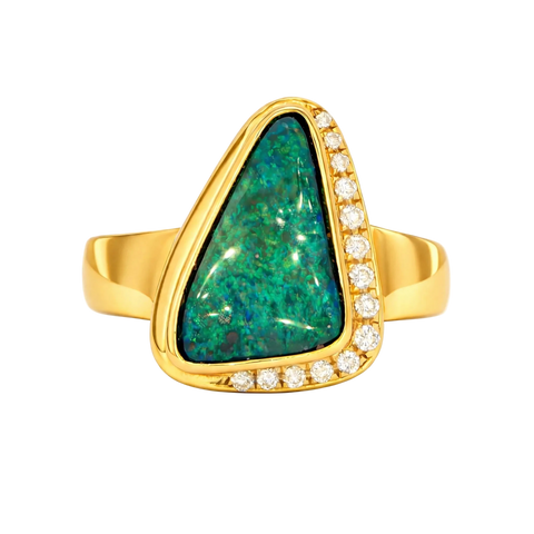 Boulder Opal Ring set in 14K Yellow Gold - Green and Blue - Australian Opal Cutters and Pearl Divers