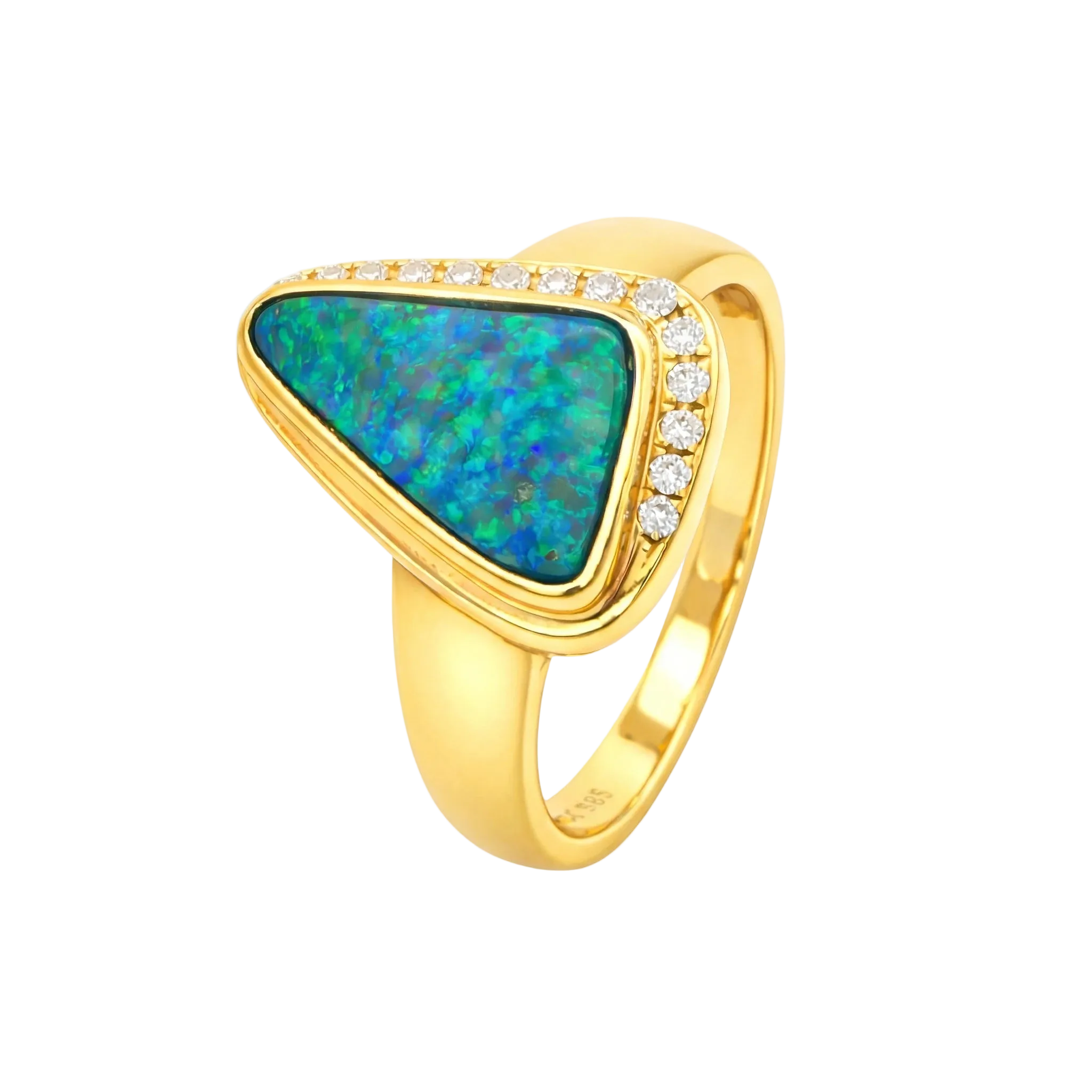 Boulder Opal Ring set in 14K Yellow Gold - Green and Blue - Australian Opal Cutters and Pearl Divers
