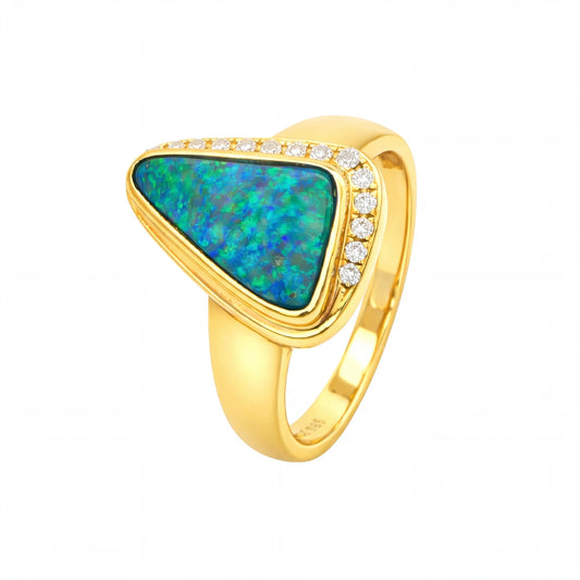 Boulder Opal Ring set in 14K Yellow Gold - Green and Blue - Australian Opal Cutters and Pearl Divers