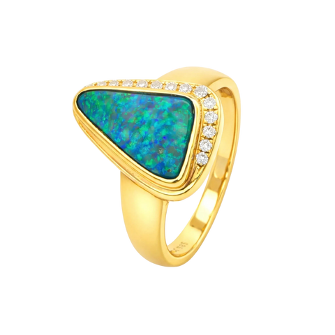Boulder Opal Ring set in 14K Yellow Gold - Green and Blue - Australian Opal Cutters and Pearl Divers