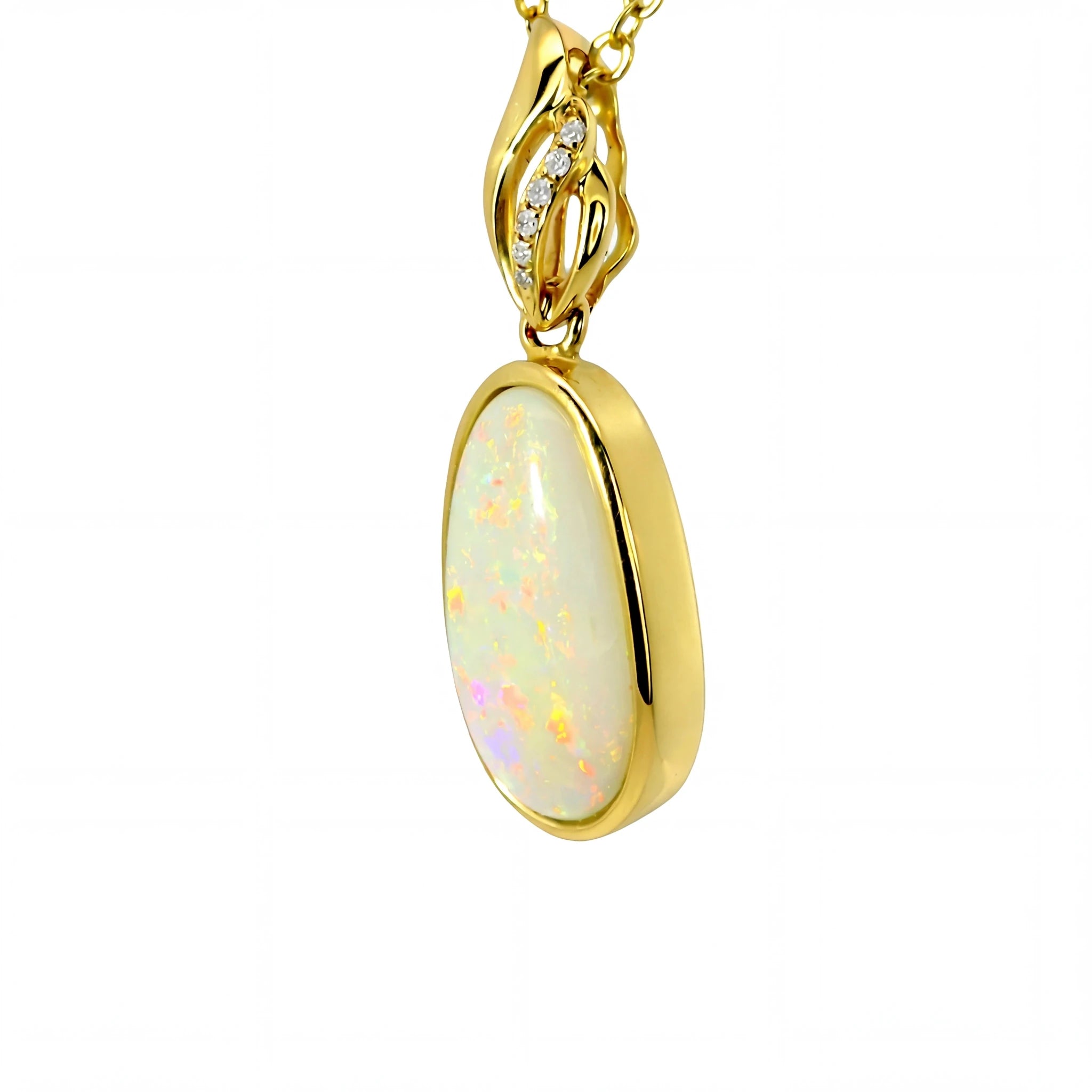 Light Opal Pendant In 14k Yellow Gold - Multicolour - Australian Opal Cutters and Pearl Divers
