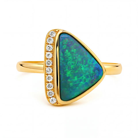 Australian Black Opal Ring set in 14K Yellow Gold