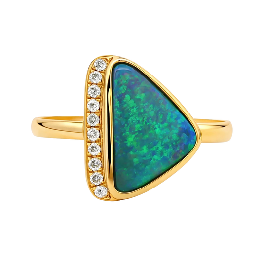 Australian Black Opal Ring set in 14K Yellow Gold - Australian Opal Cutters and Pearl Divers