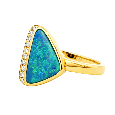 Australian Black Opal Ring set in 14K Yellow Gold - Australian Opal Cutters and Pearl Divers