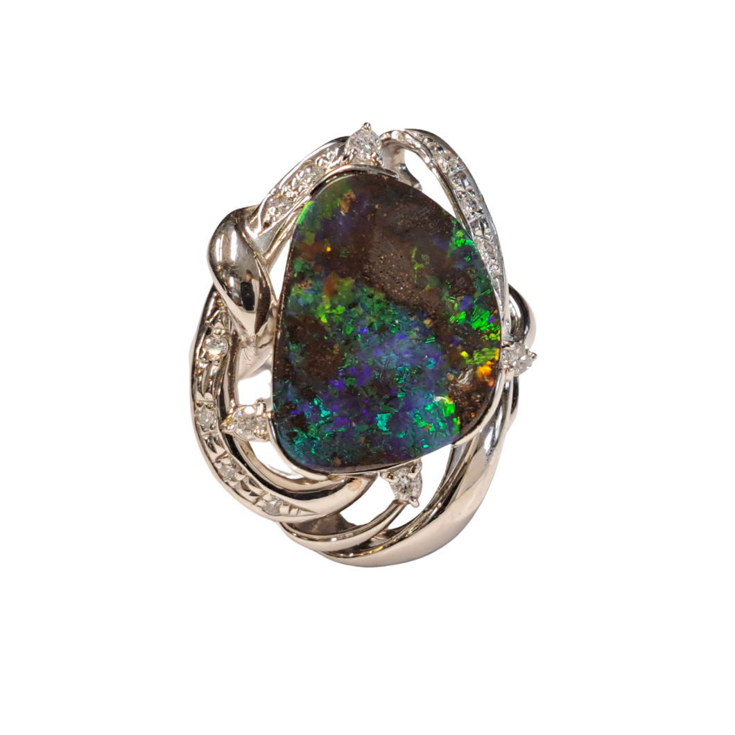 Boulder Opal 7.55Ct Ring set in 18k Platinum PT900 with 15x G-H/Vs1-Si1 Diamonds Weighing 0.190 Carats