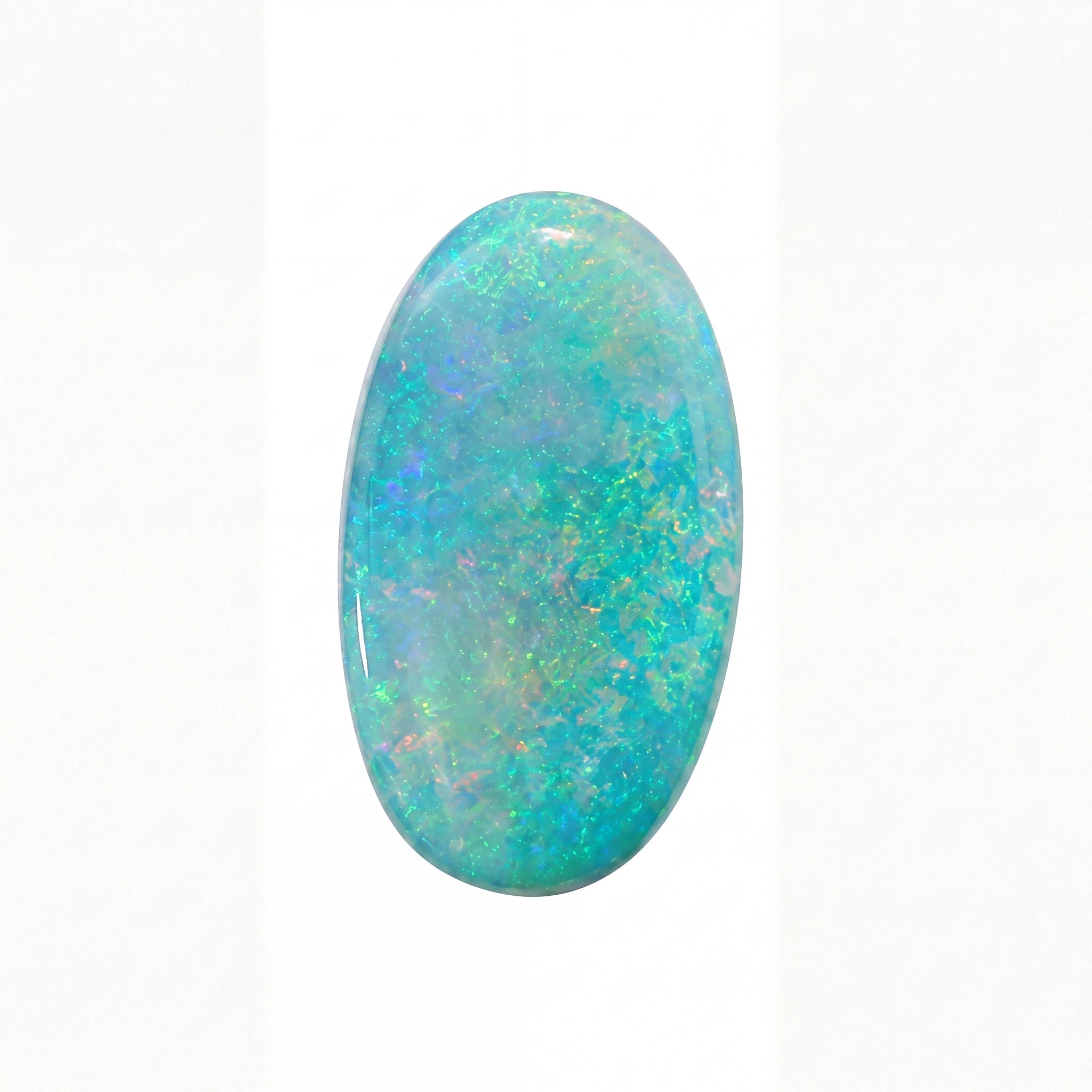 A polished oval cabochon gemstone showing vibrant blue, green, and white opal play, set against a plain white background.