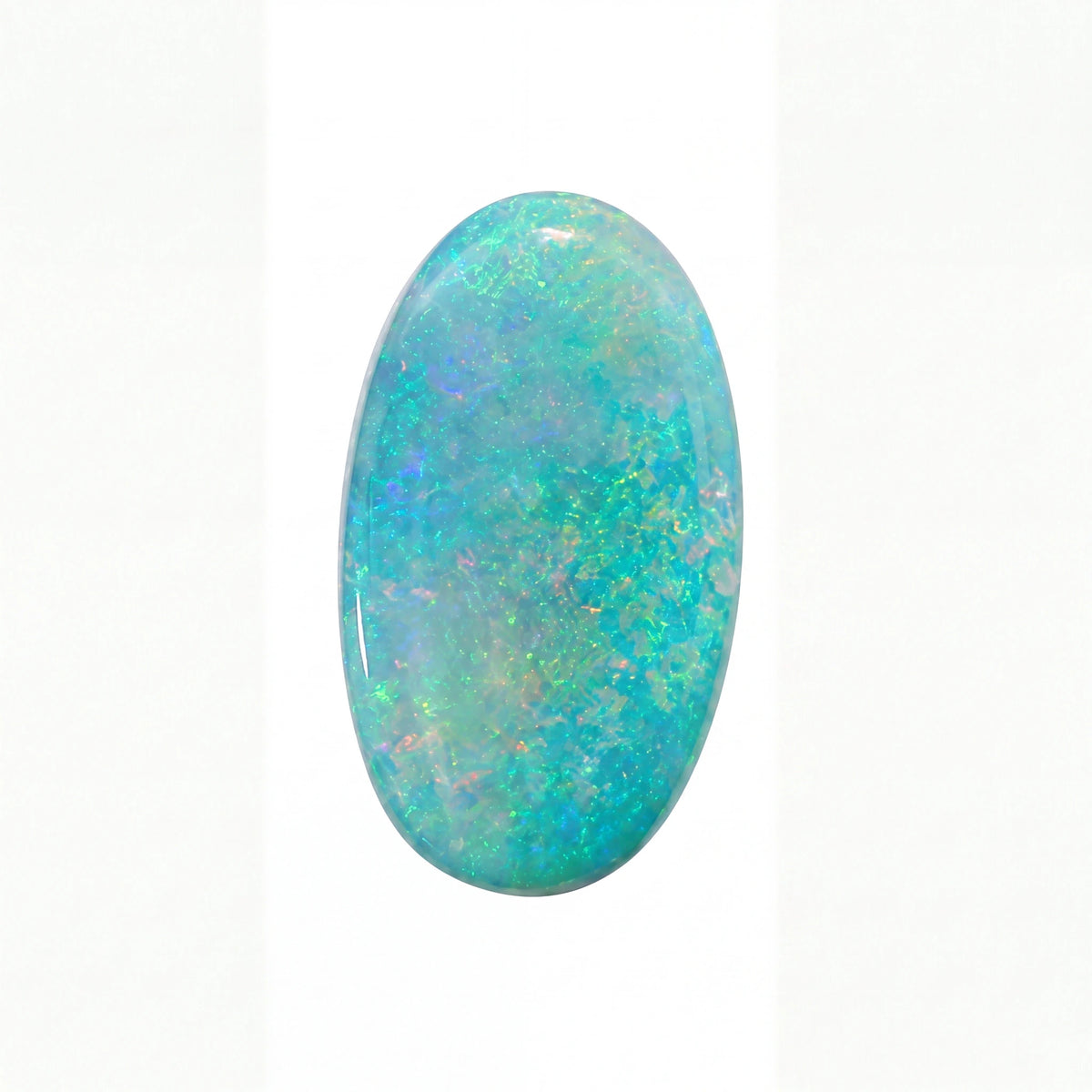 A polished oval cabochon gemstone showing vibrant blue, green, and white opal play, set against a plain white background.