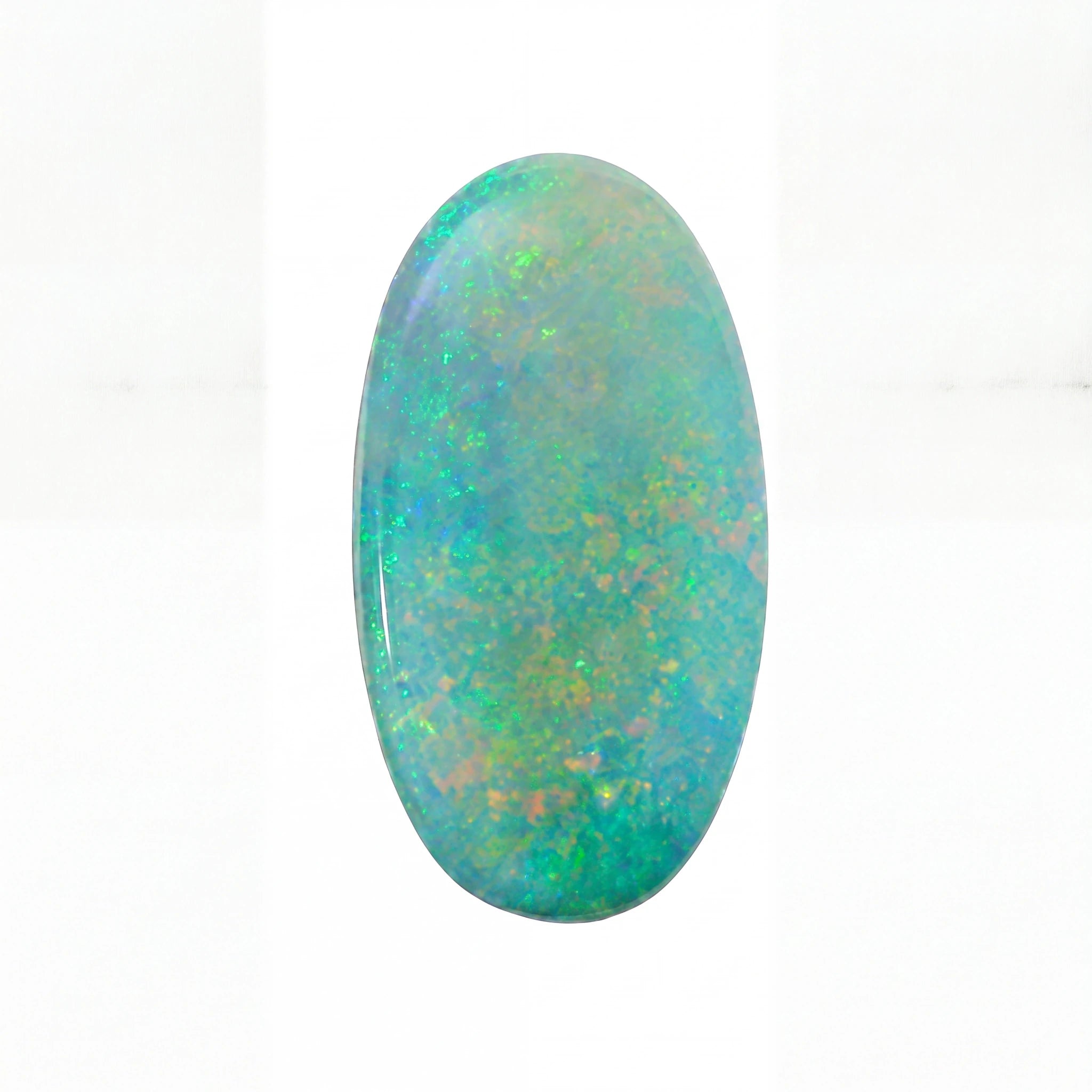 A polished oval cabochon gemstone showing a vibrant play-of-colour with blue, green, and orange iridescence on a white background.