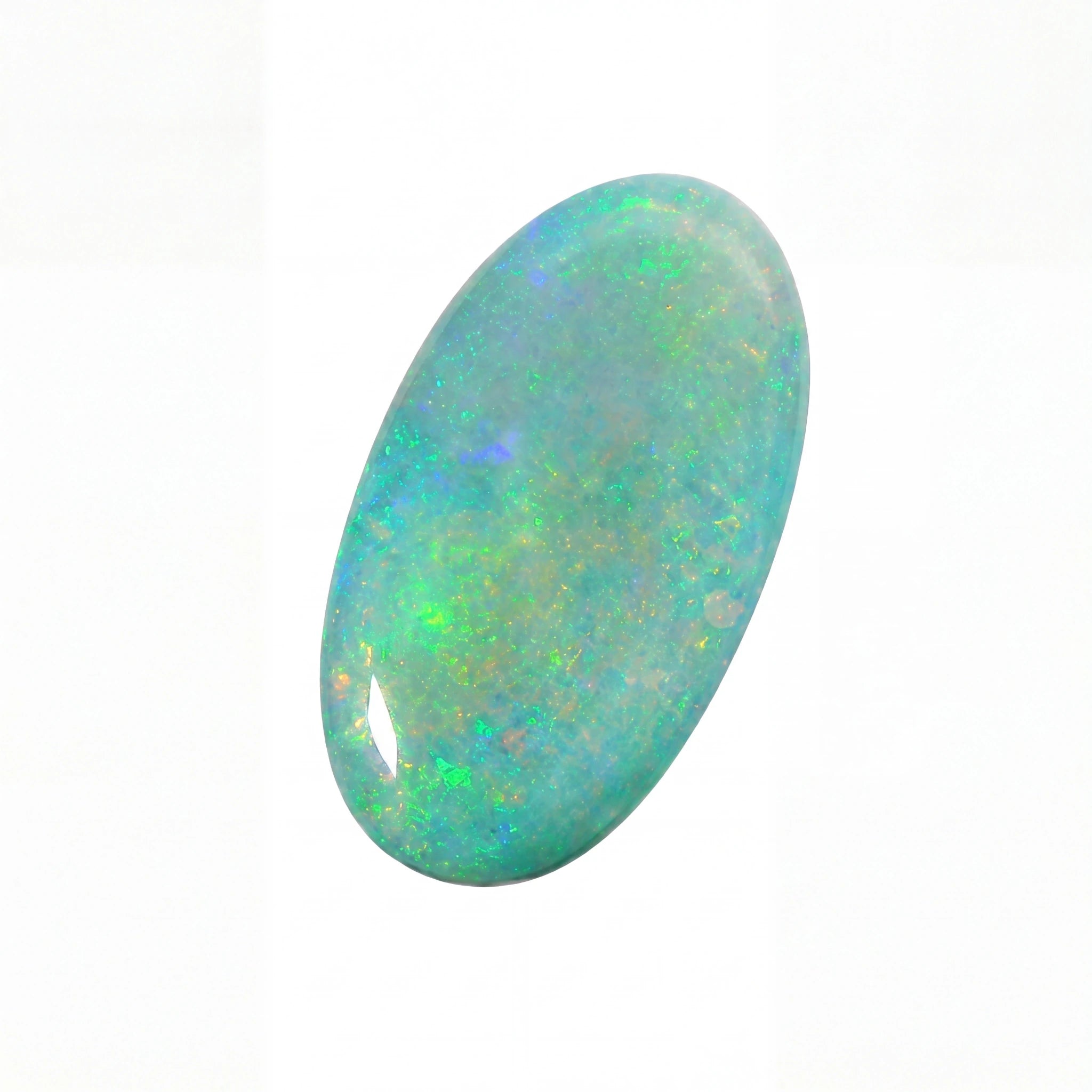 A polished oval cabochon gemstone with a vibrant play-of-colour display of turquoise, green, and blue on a solid white background.