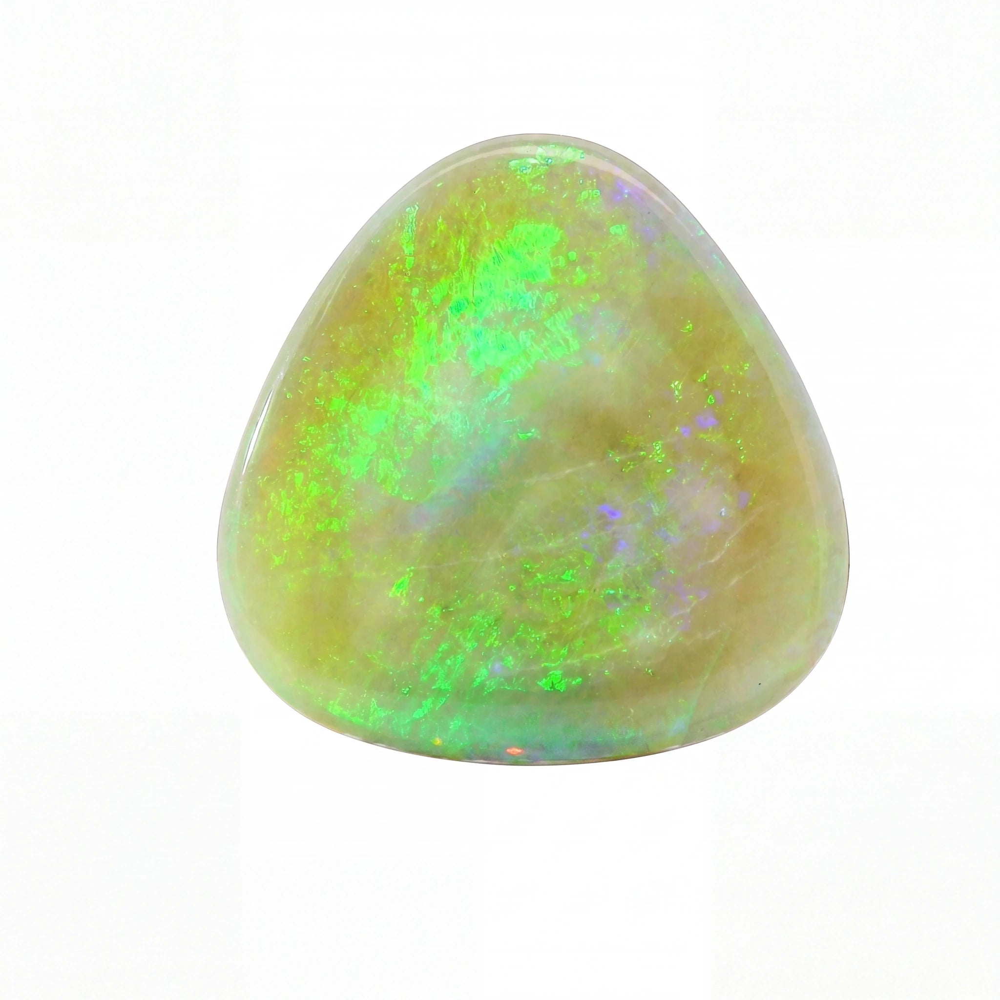 A polished triangular cabochon opal gemstone displaying vibrant green, blue, and yellow iridescent play-of-colour on a white background.