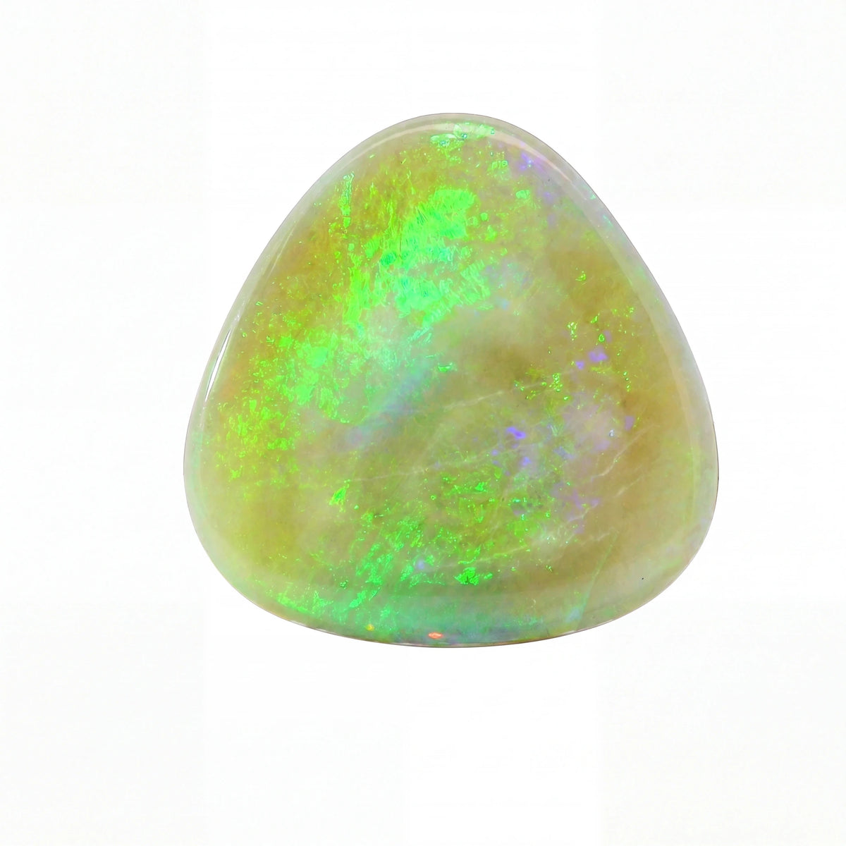 A polished triangular cabochon opal gemstone displaying vibrant green, blue, and yellow iridescent play-of-colour on a white background.