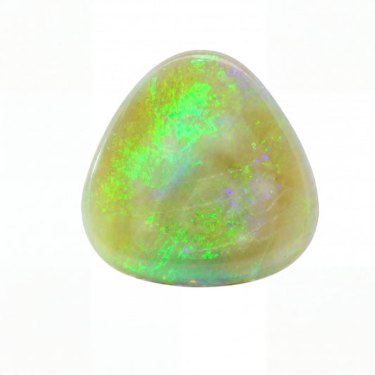 A polished triangular cabochon opal gemstone displaying vibrant green, blue, and yellow iridescent play-of-colour on a white background.