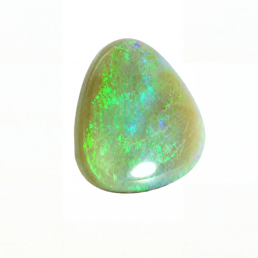 A polished teardrop-shaped opal gemstone showing vibrant green, blue, and orange flashes on a white background.