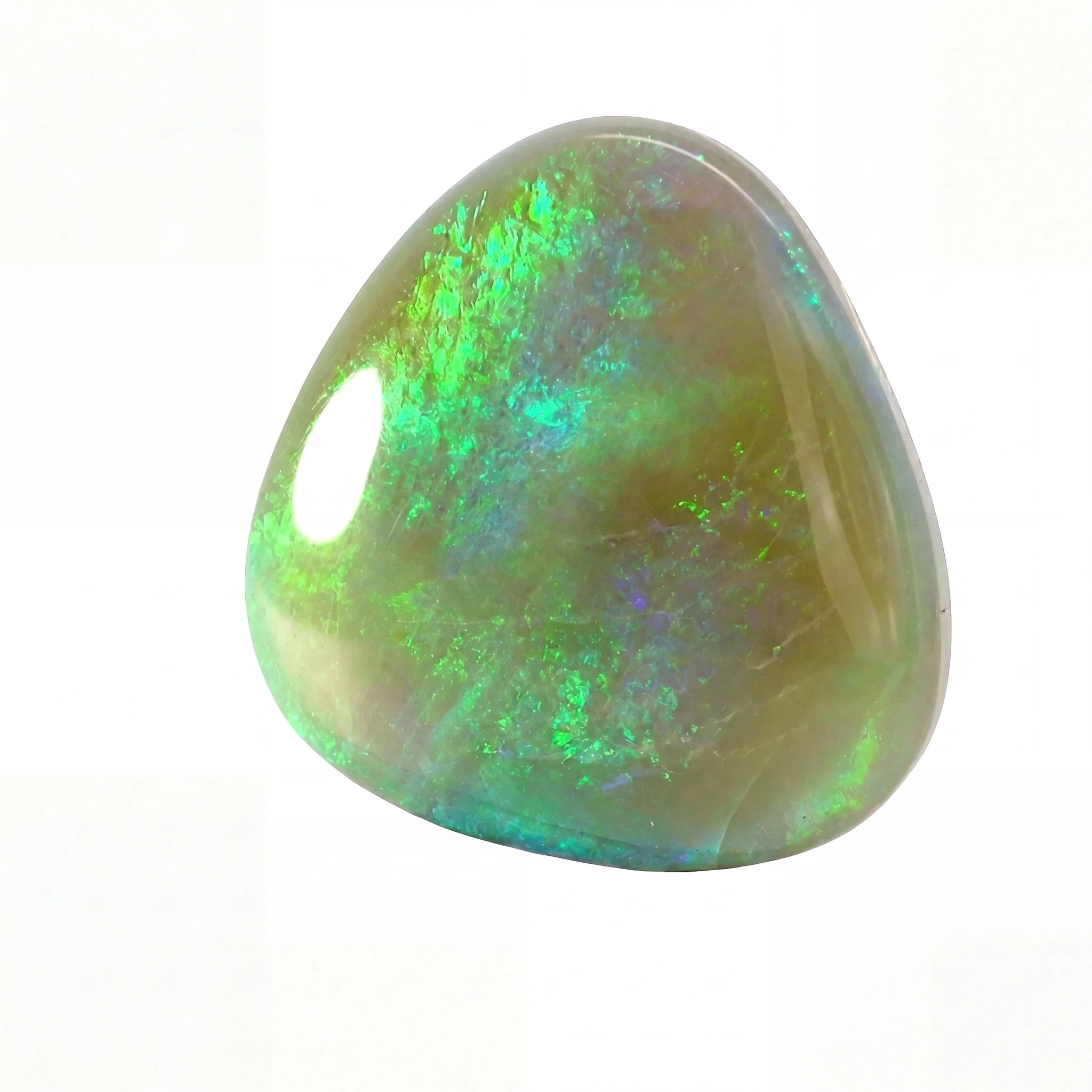A polished teardrop-shaped opal gemstone with vibrant green, blue, and purple iridescent play-of-colour on a white background.