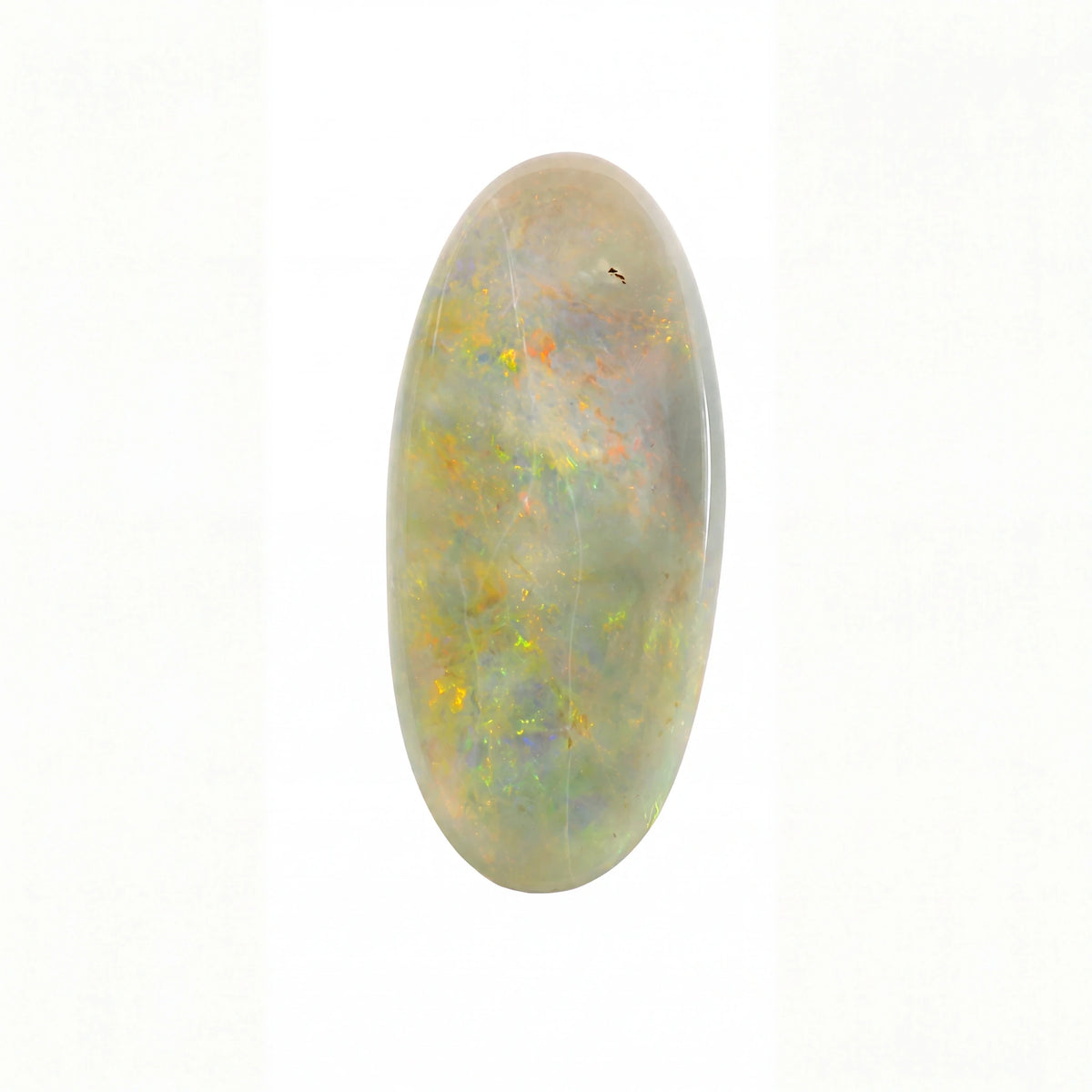 A polished oval cabochon gemstone with a milky white base and vibrant iridescent flashes of yellow, orange, green, and blue, set against a plain white background.
