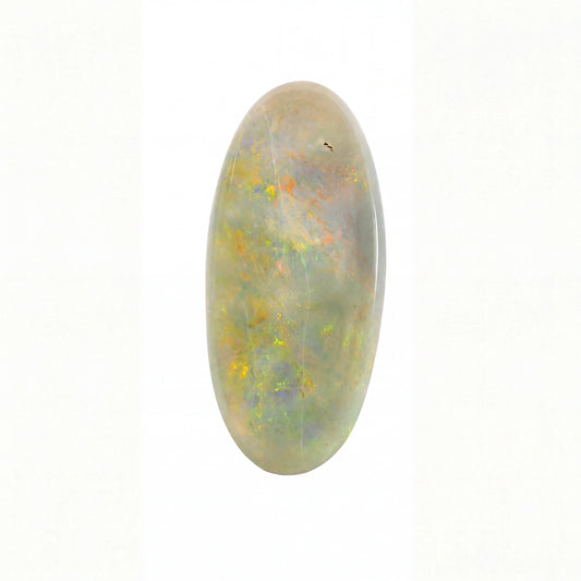 A polished oval cabochon gemstone with a milky white base and vibrant iridescent flashes of yellow, orange, green, and blue, set against a plain white background.