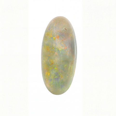 A polished oval cabochon gemstone with a milky white base and vibrant iridescent flashes of yellow, orange, green, and blue, set against a plain white background.
