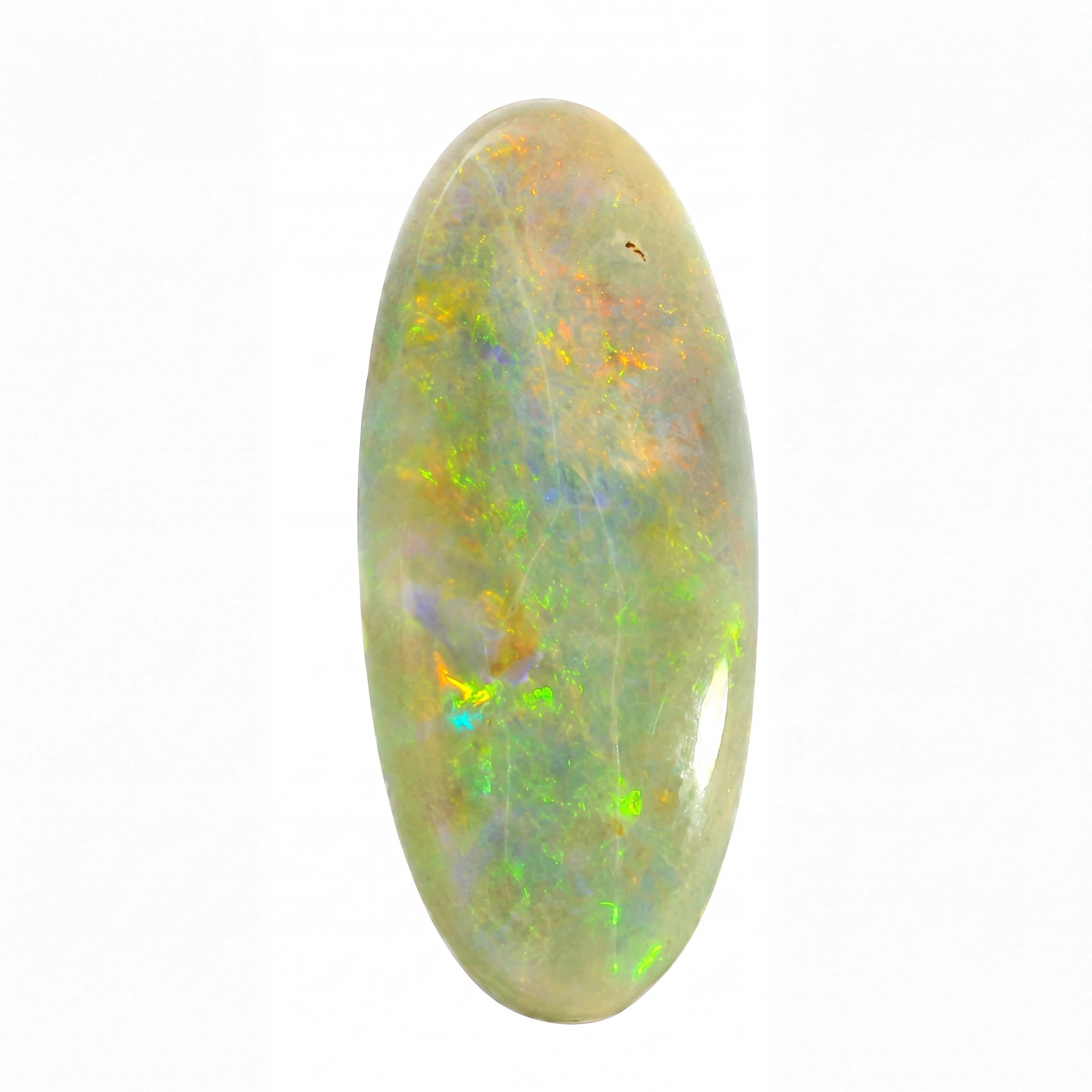 A polished oval cabochon opal gemstone displaying a play-of-colour with vibrant flashes of green, orange, yellow, and blue over a pale cream and grey base, set against a plain white background.