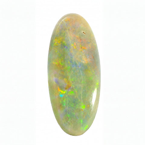 A polished oval cabochon opal gemstone displaying a play-of-colour with vibrant flashes of green, orange, yellow, and blue over a pale cream and grey base, set against a plain white background.