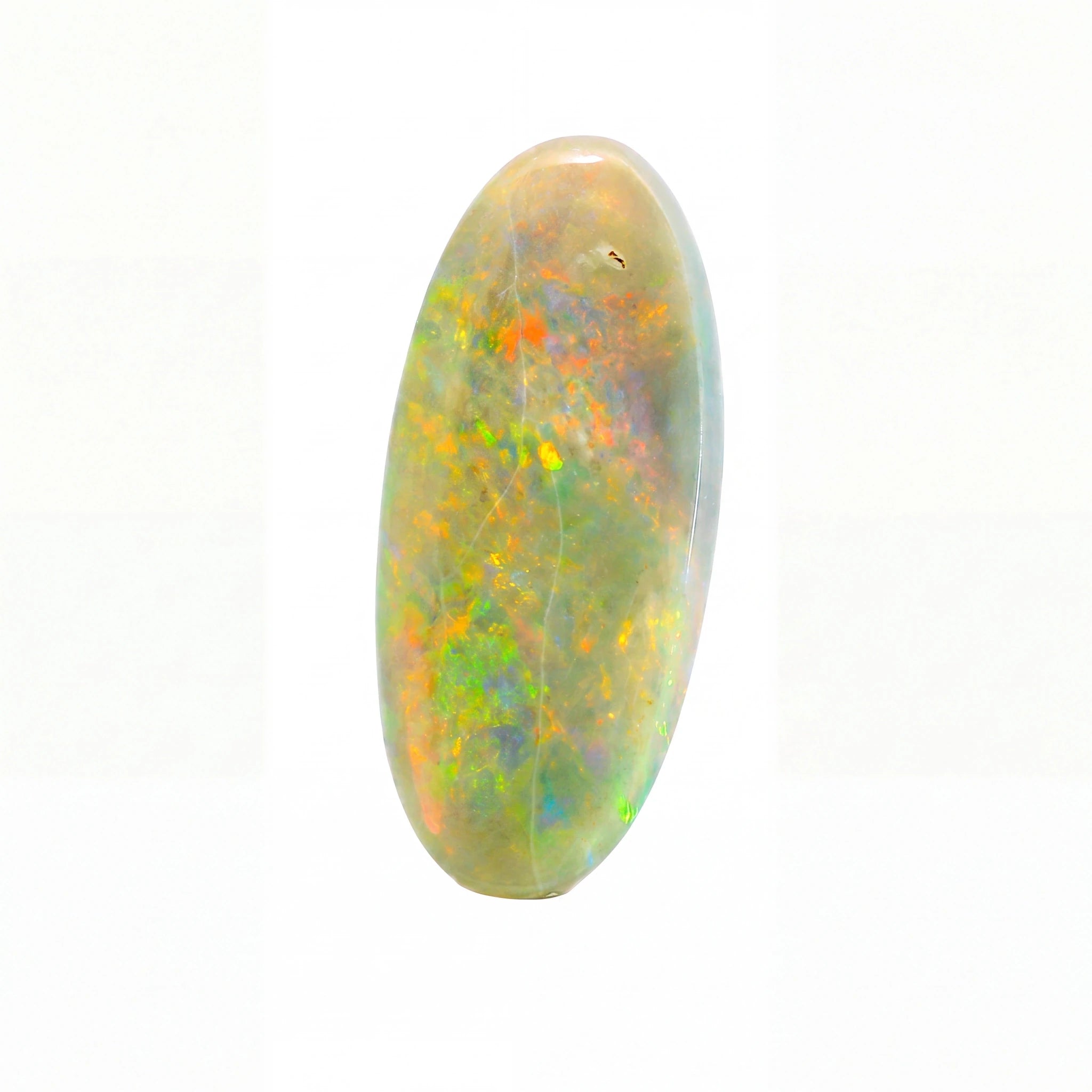 A polished oval cabochon opal gemstone displaying a mix of green, orange, yellow, and blue flashes against a pale cream and grey base, set against a plain white background.
