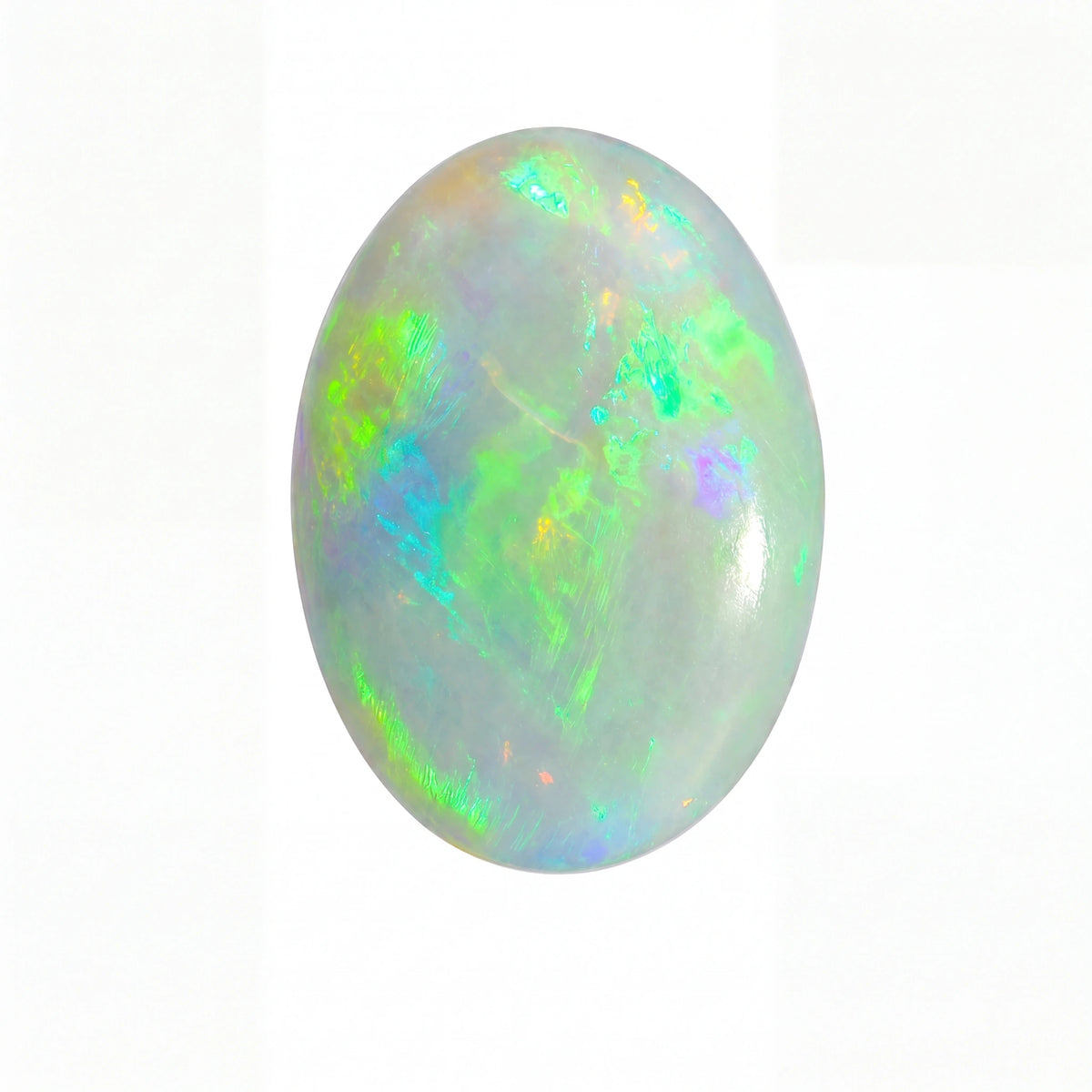 A polished oval cabochon gemstone showing a play-of-colour iridescent pattern with green, blue, purple, and orange hues on a white base, isolated on a white background.