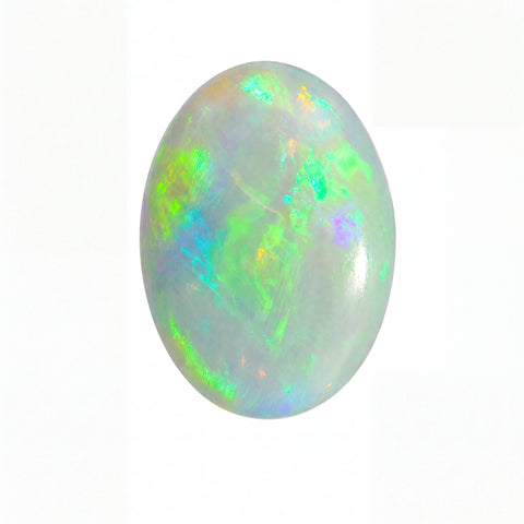 A polished oval cabochon gemstone showing a play-of-colour iridescent pattern with green, blue, purple, and orange hues on a white base, isolated on a white background.