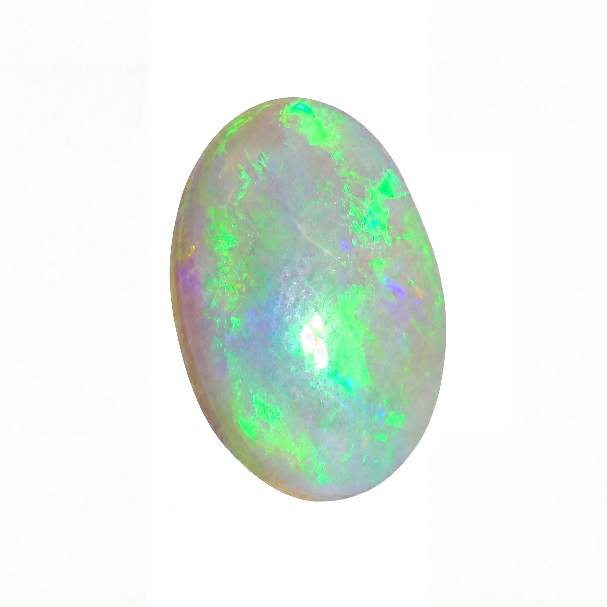 A polished oval cabochon gemstone showing vibrant iridescent play-of-colour with green, blue, and pink flashes on a white background.
