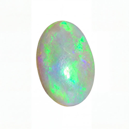 A polished oval cabochon gemstone showing vibrant iridescent play-of-colour with green, blue, and pink flashes on a white background.